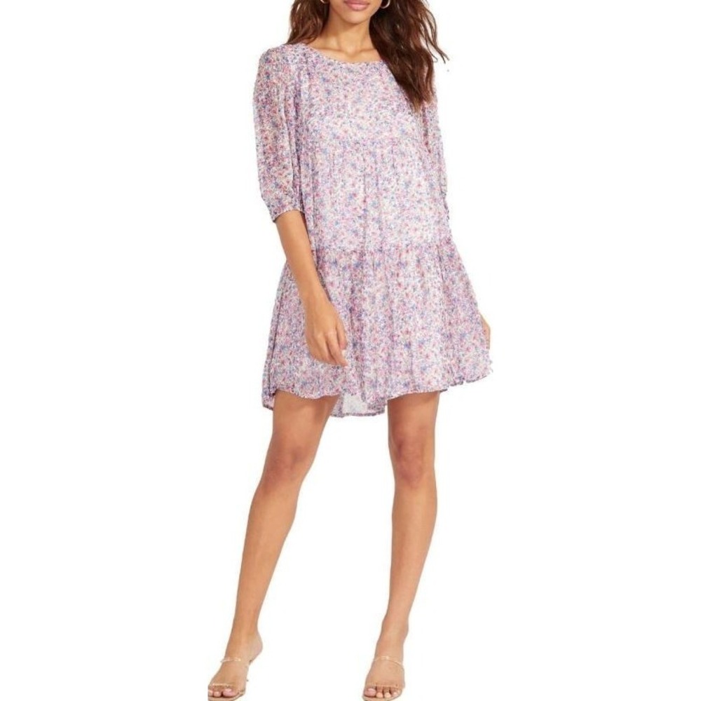 BB Dakota Round Neck Elbow Sleeve Tier Free Spirit Floral Chiffon Mini Dress SM